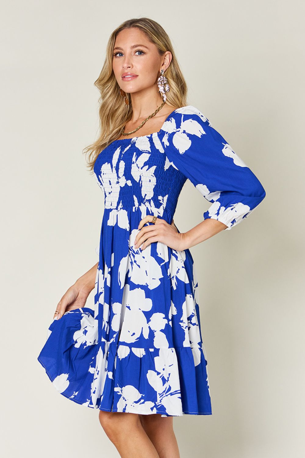 Double Take Full Size Floral Ruffle Hem Smocked Dress with Pockets.