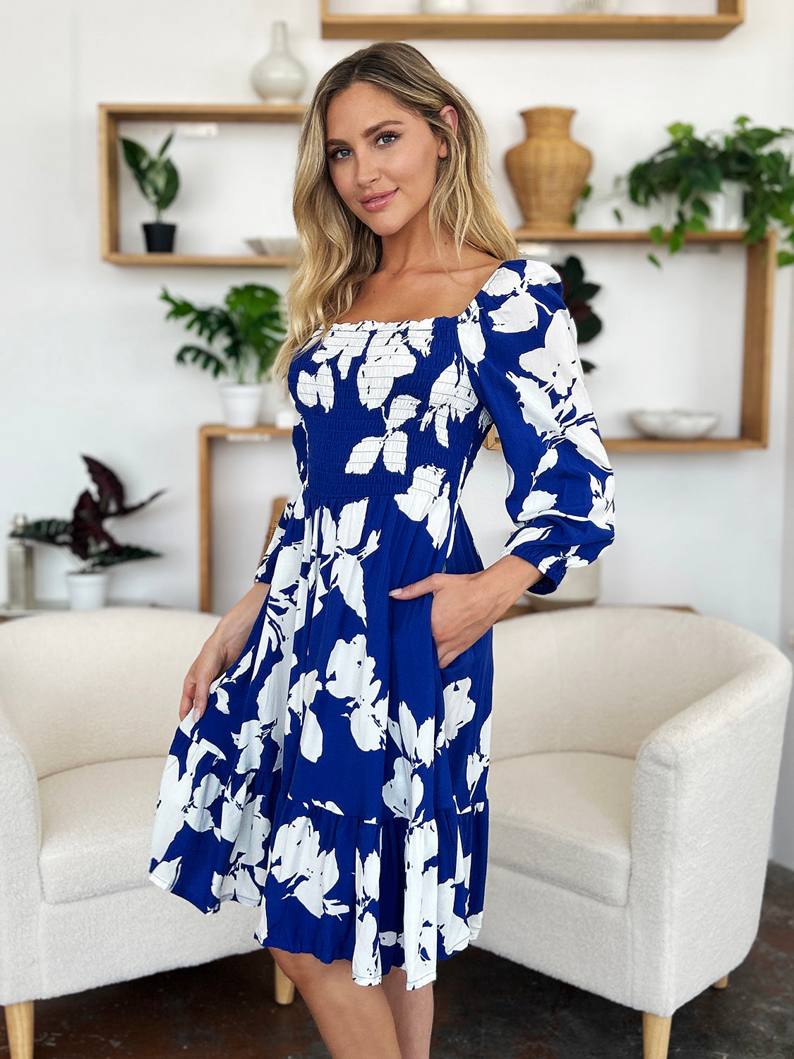 Double Take Full Size Floral Ruffle Hem Smocked Dress with Pockets.