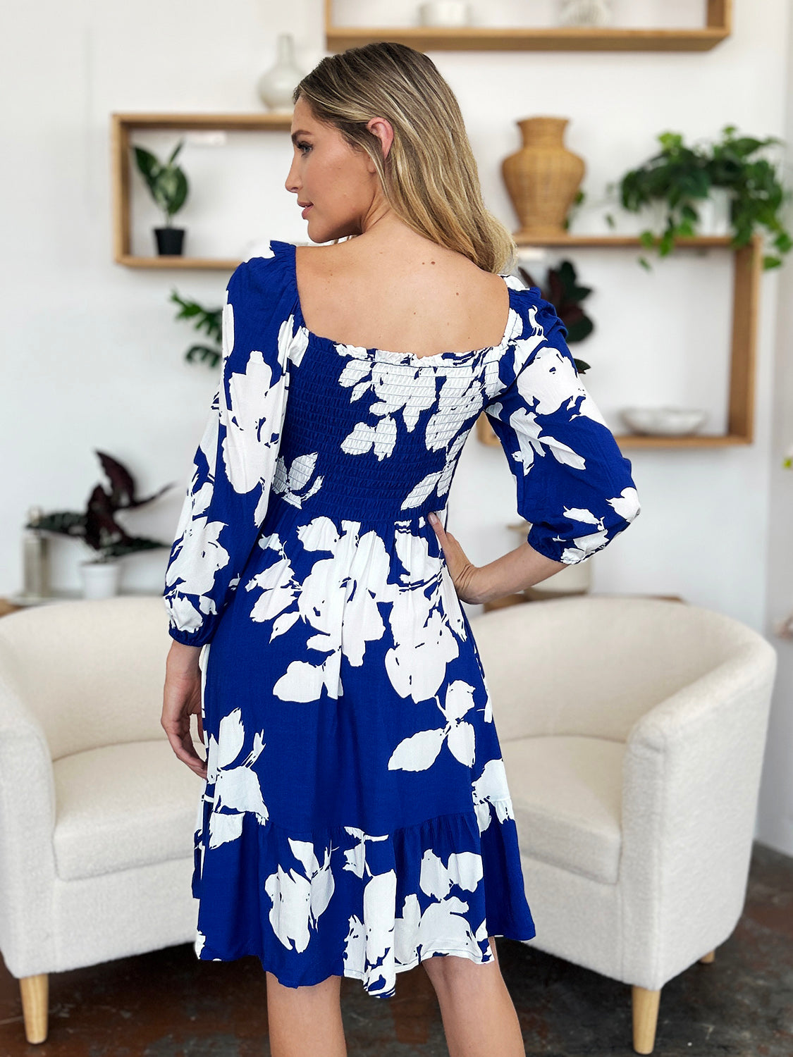 Double Take Full Size Floral Ruffle Hem Smocked Dress with Pockets.