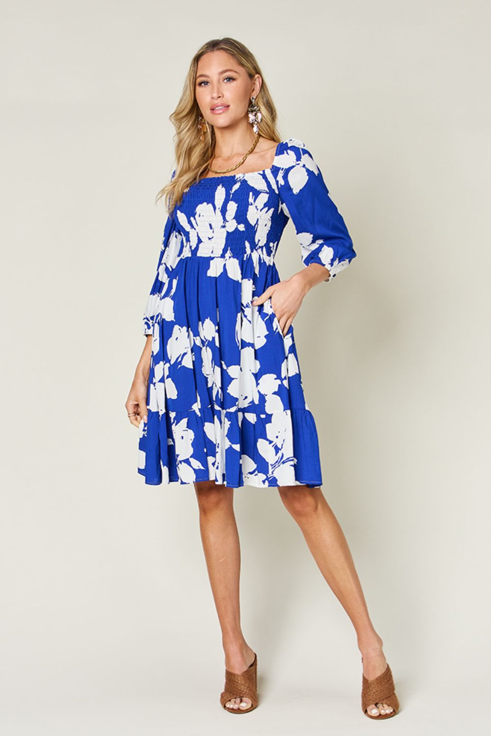 Double Take Full Size Floral Ruffle Hem Smocked Dress with Pockets.