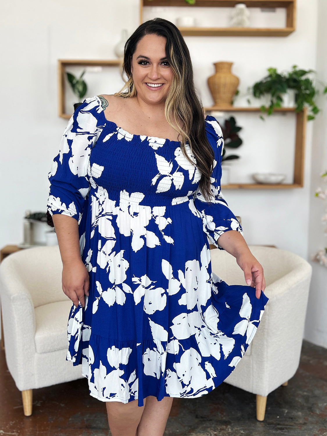 Double Take Full Size Floral Ruffle Hem Smocked Dress with Pockets.