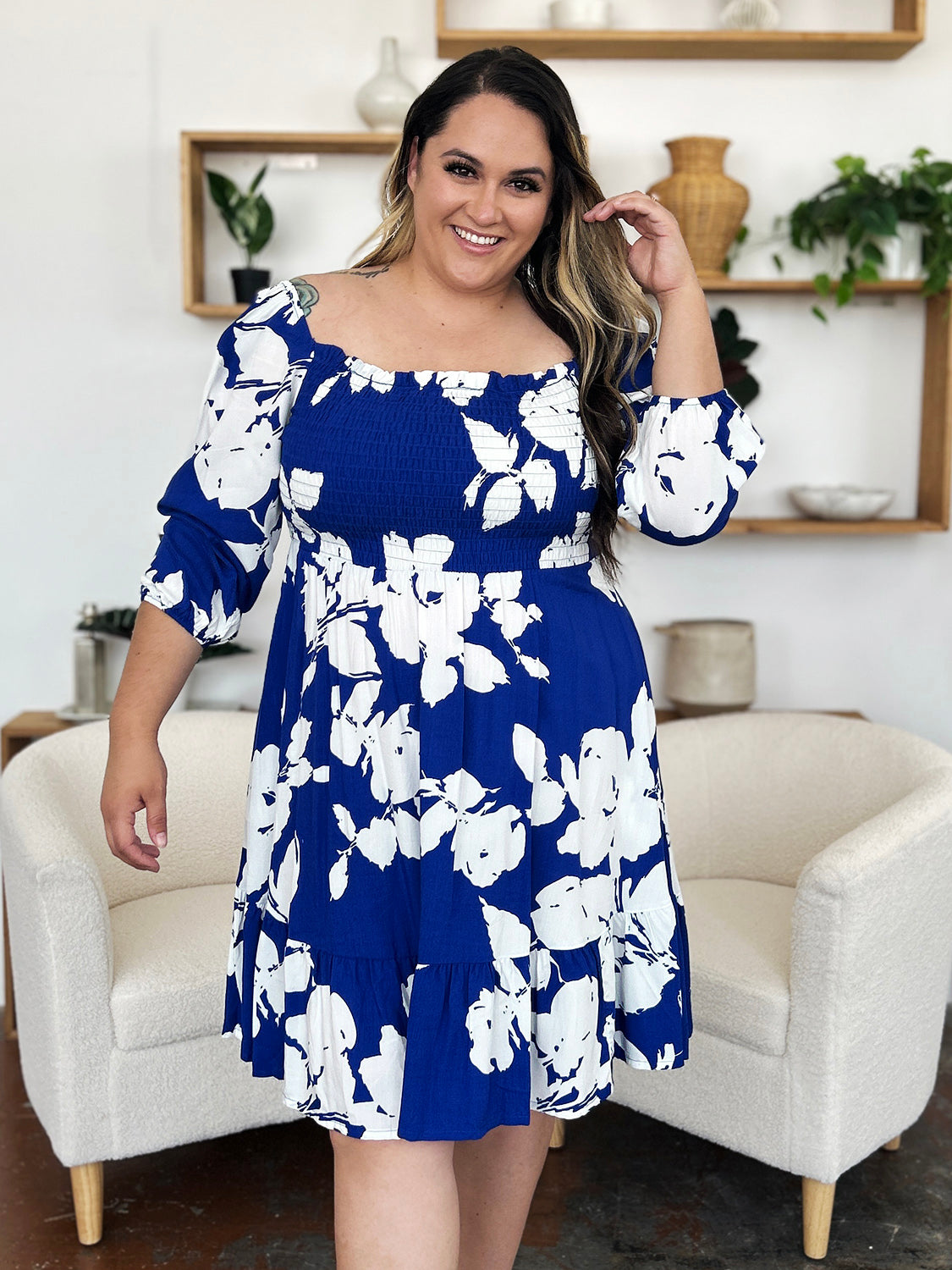 Double Take Full Size Floral Ruffle Hem Smocked Dress with Pockets.
