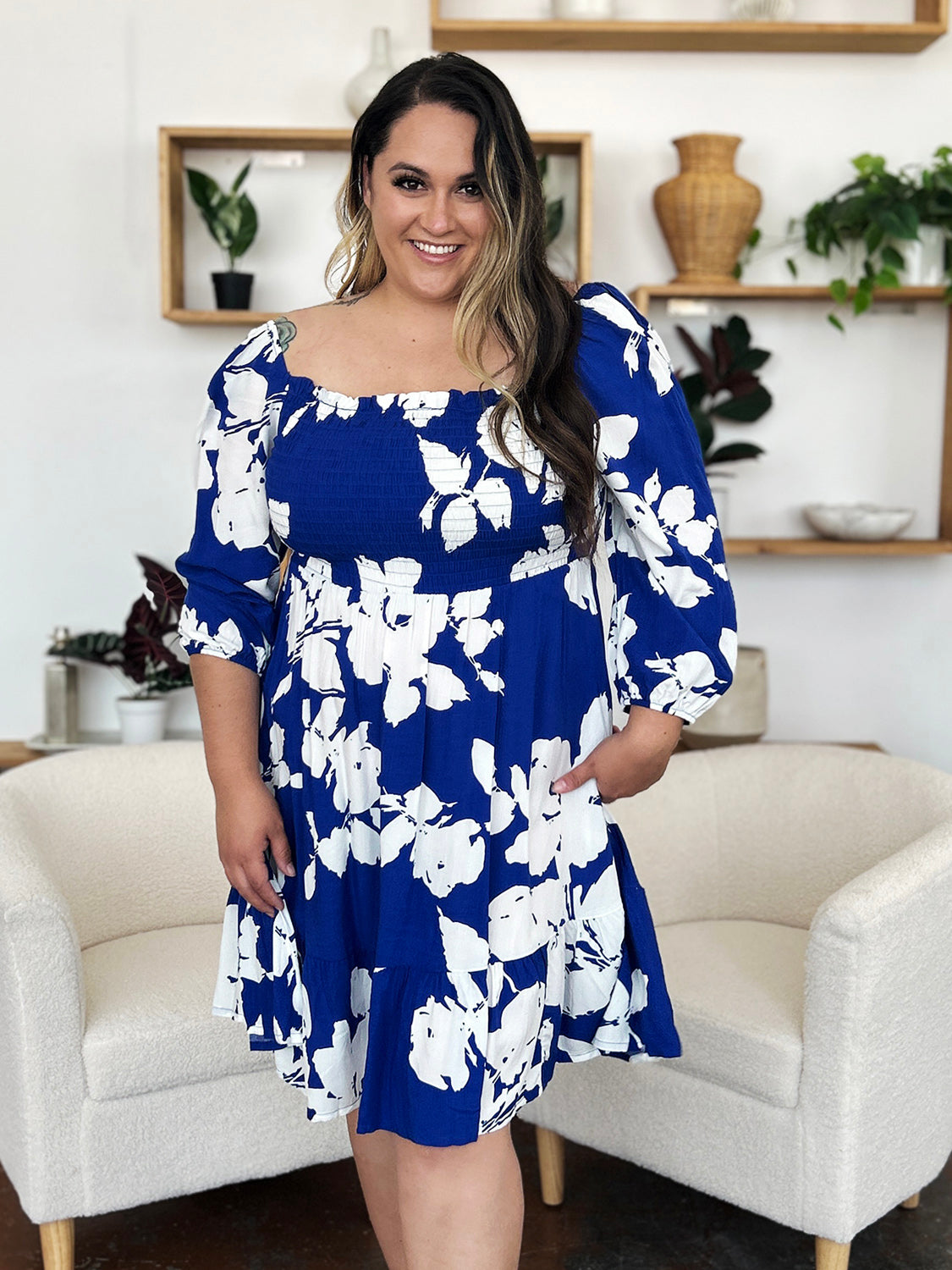Double Take Full Size Floral Ruffle Hem Smocked Dress with Pockets.