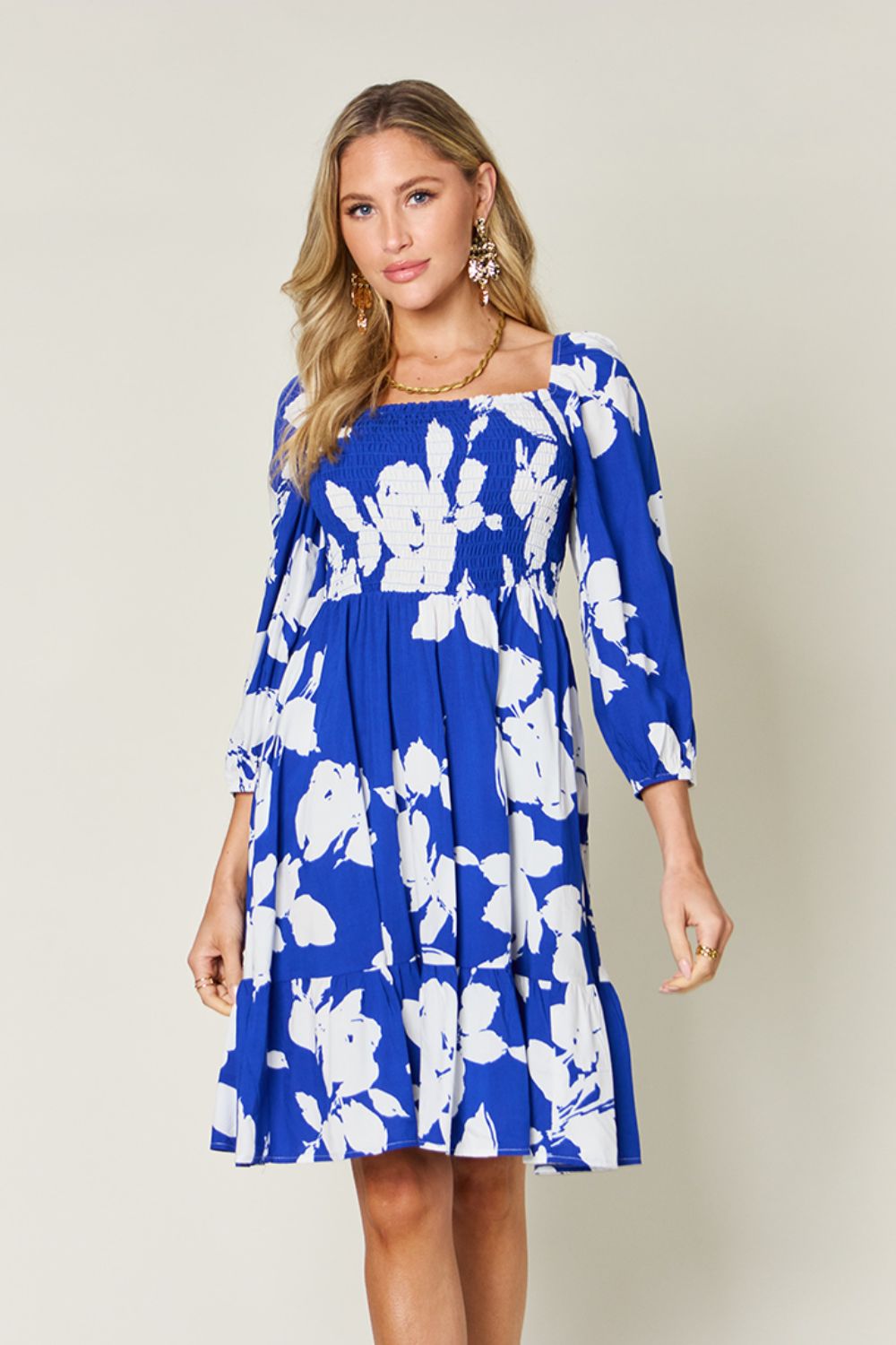 Double Take Full Size Floral Ruffle Hem Smocked Dress with Pockets.