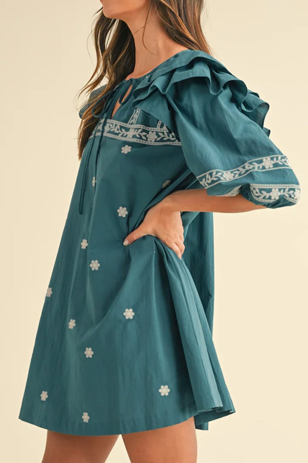 Floral Ruffle Puff Sleeve Tie Neck Mini Dress.