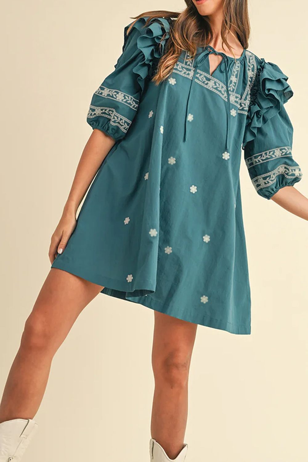 Floral Ruffle Puff Sleeve Tie Neck Mini Dress.