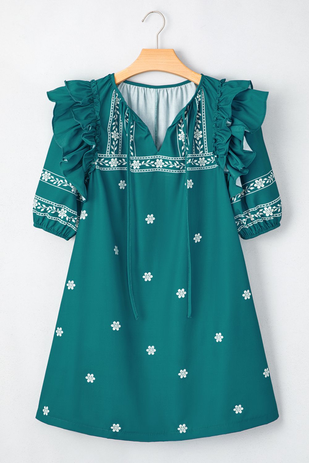 Floral Ruffle Puff Sleeve Tie Neck Mini Dress.