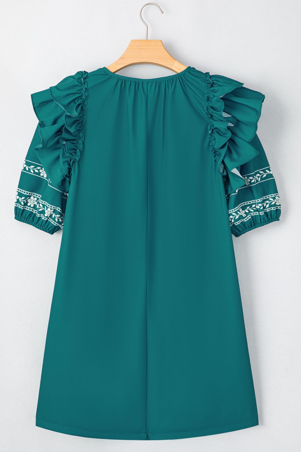 Floral Ruffle Puff Sleeve Tie Neck Mini Dress.