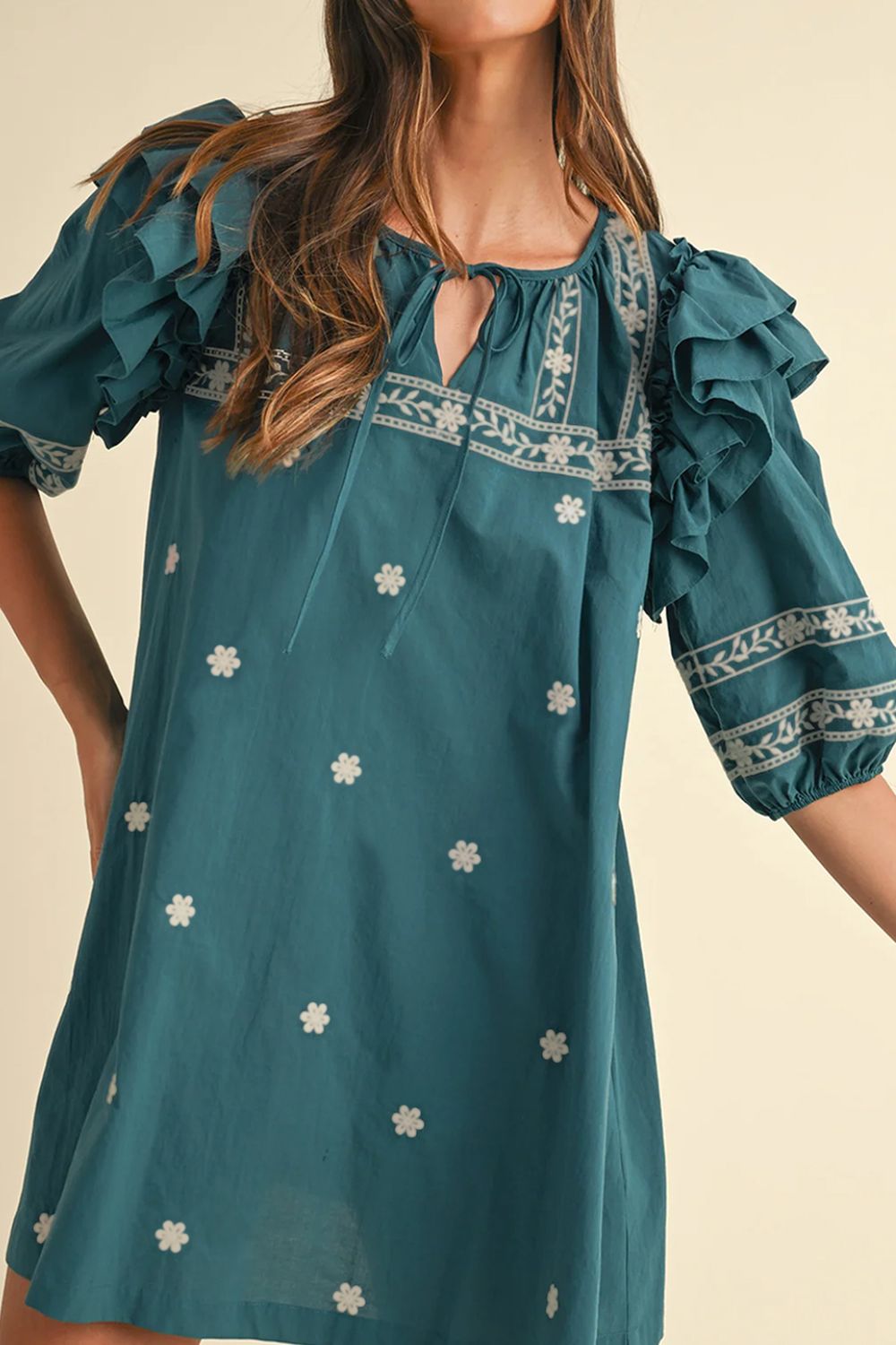 Floral Ruffle Puff Sleeve Tie Neck Mini Dress.