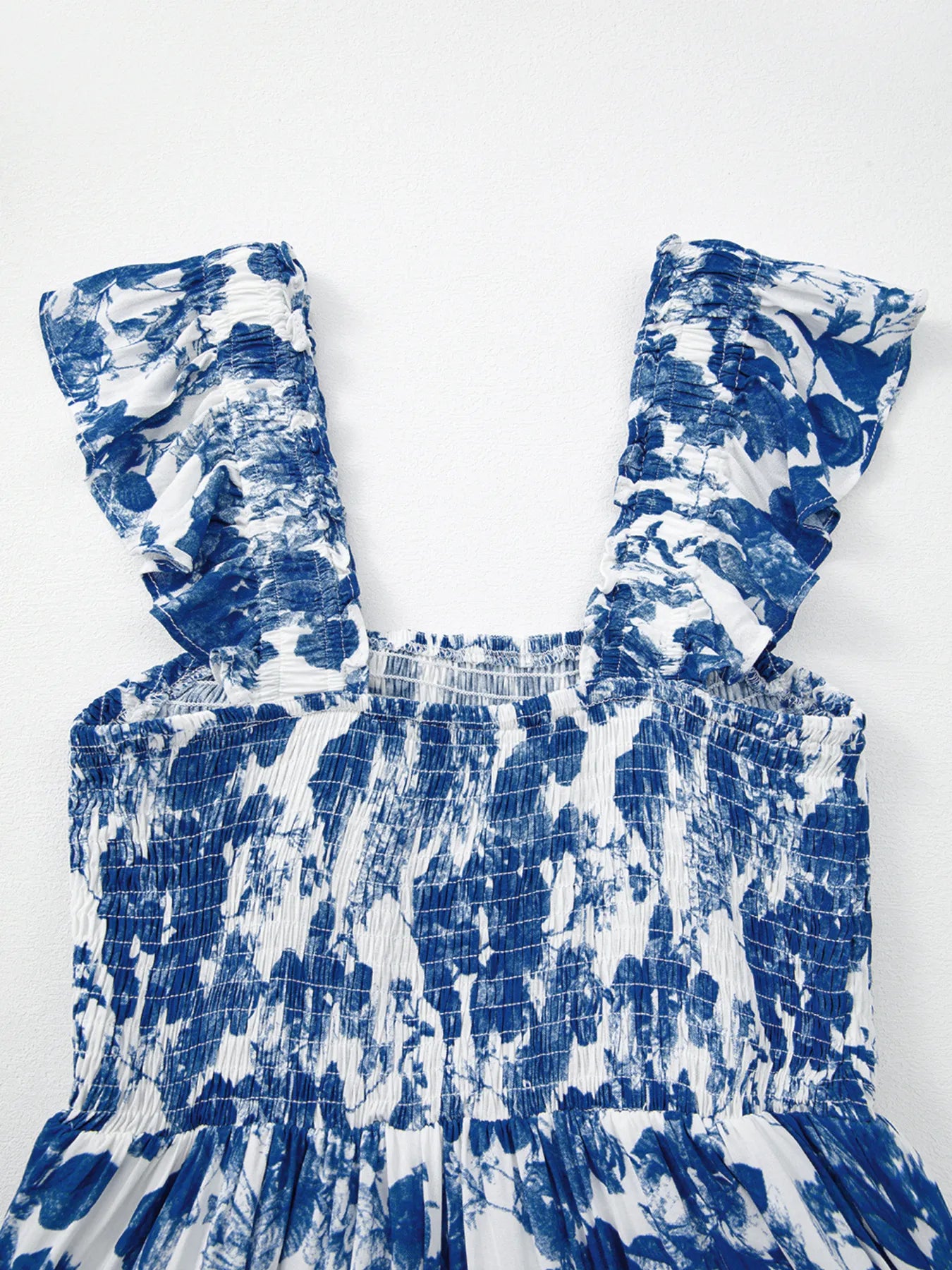 Floral Ruffle Strap Square Neck Smocked Bodice Midi Dress.