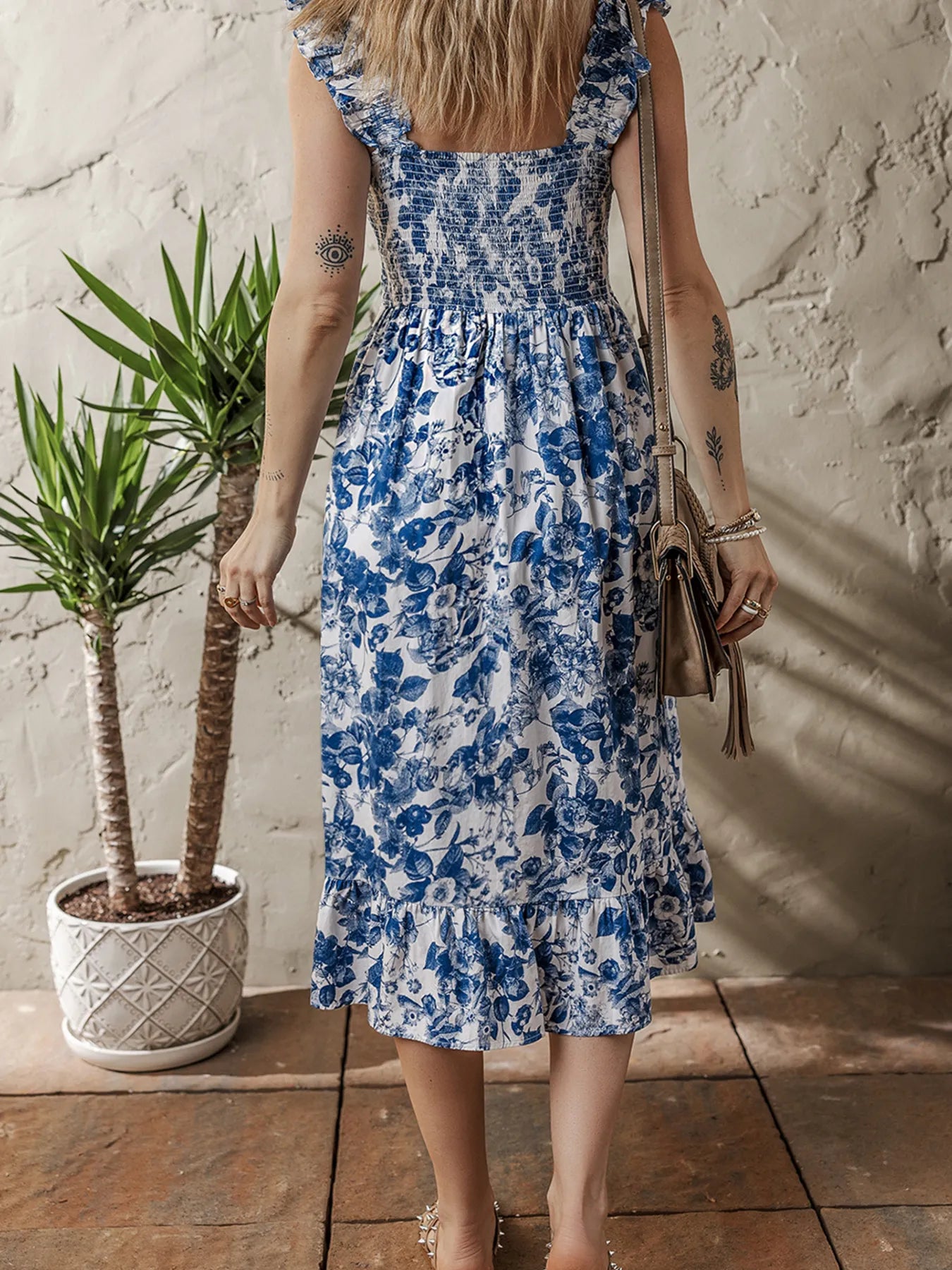 Floral Ruffle Strap Square Neck Smocked Bodice Midi Dress.