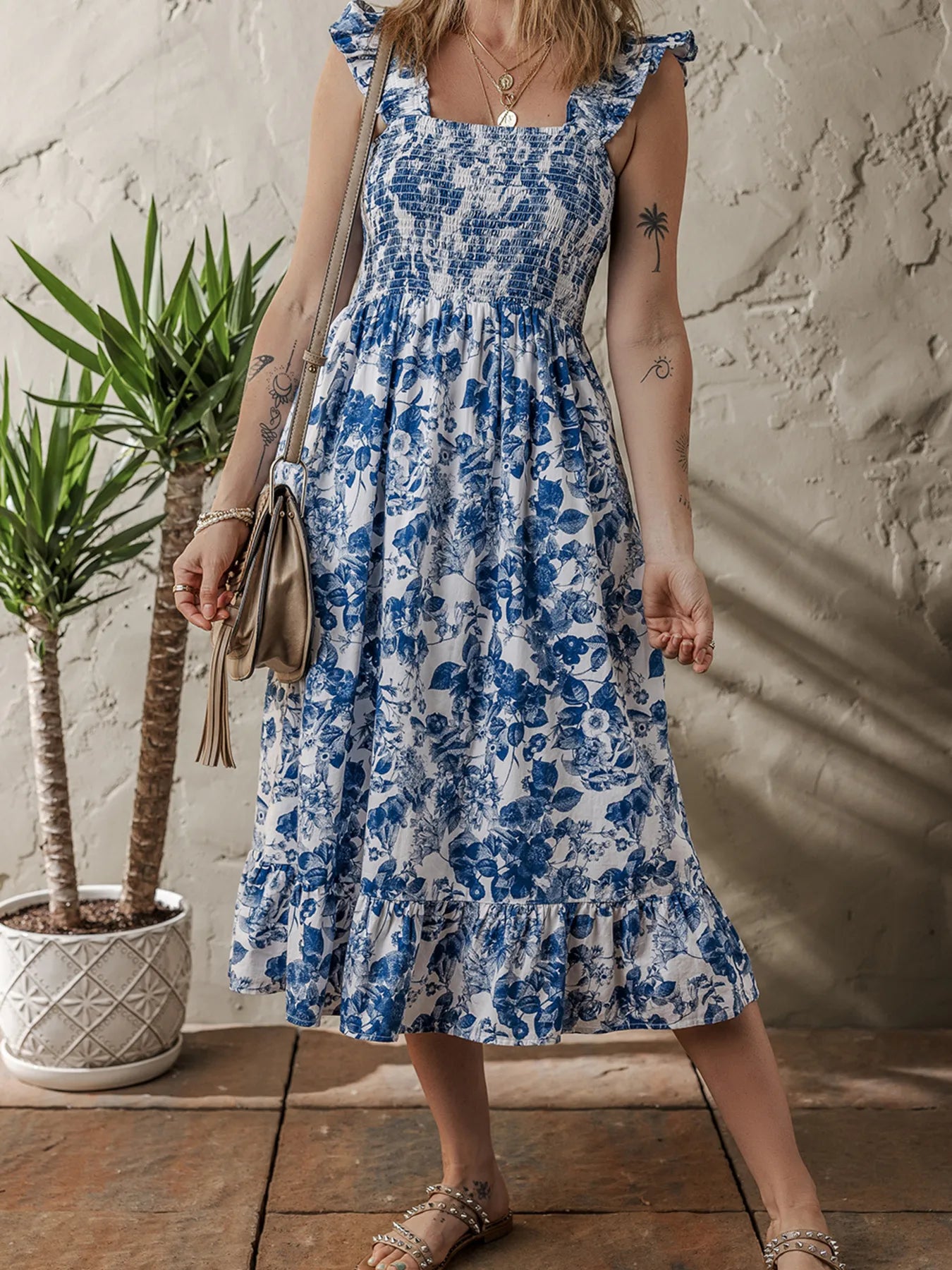 Floral Ruffle Strap Square Neck Smocked Bodice Midi Dress.