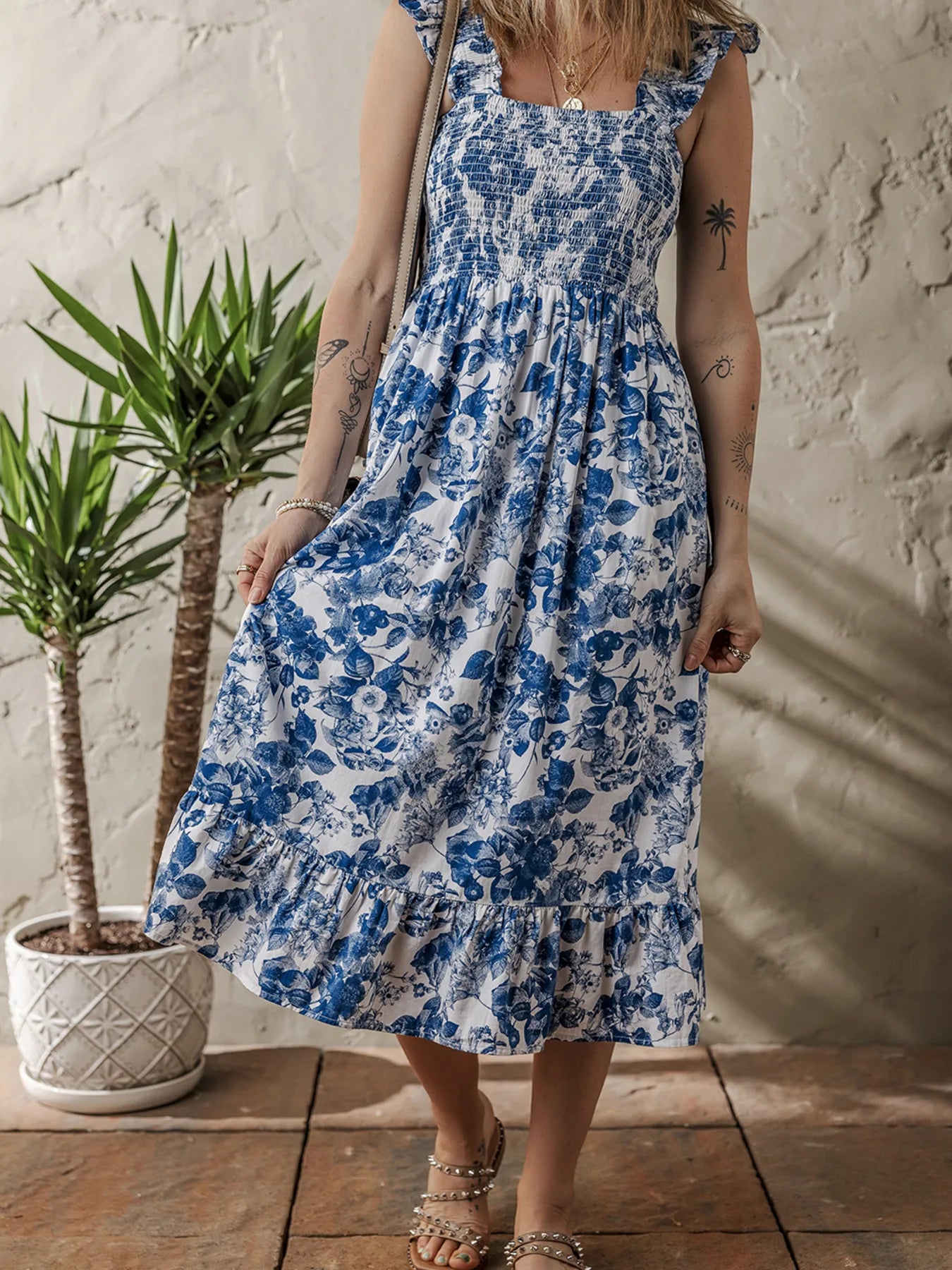 Floral Ruffle Strap Square Neck Smocked Bodice Midi Dress.