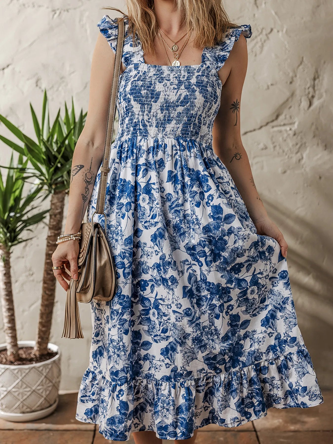 Floral Ruffle Strap Square Neck Smocked Bodice Midi Dress.