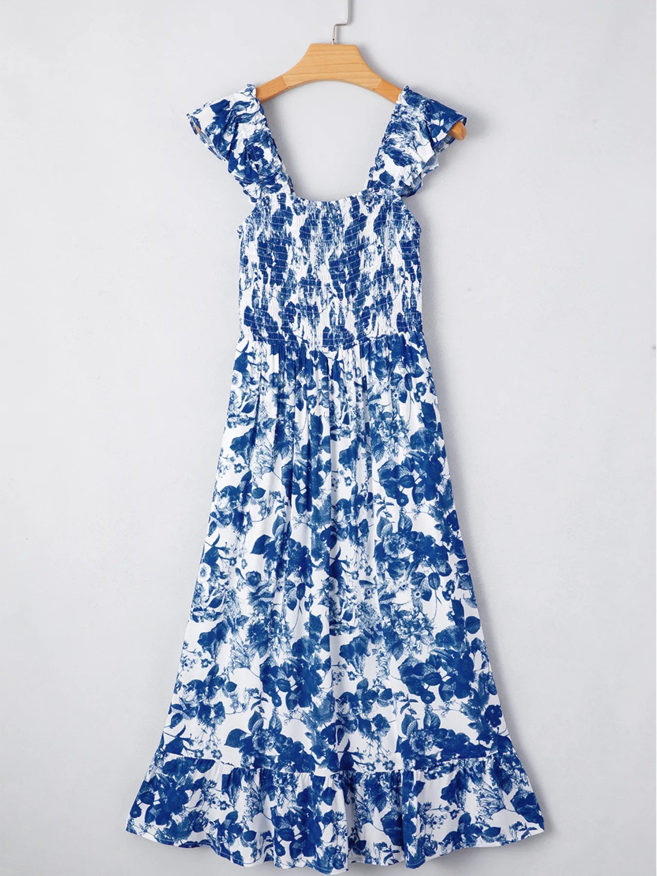 Floral Ruffle Strap Square Neck Smocked Bodice Midi Dress.