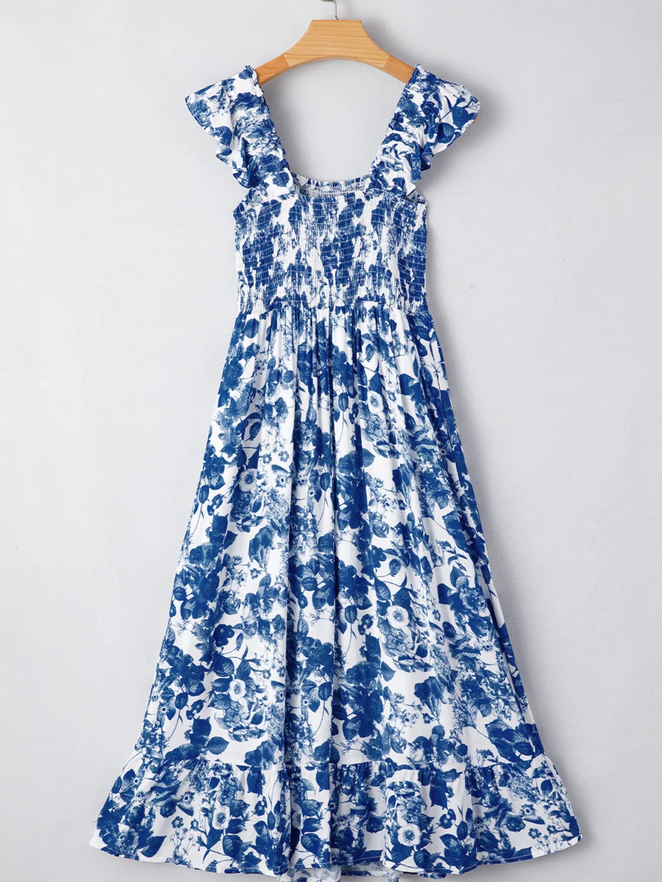 Floral Ruffle Strap Square Neck Smocked Bodice Midi Dress.