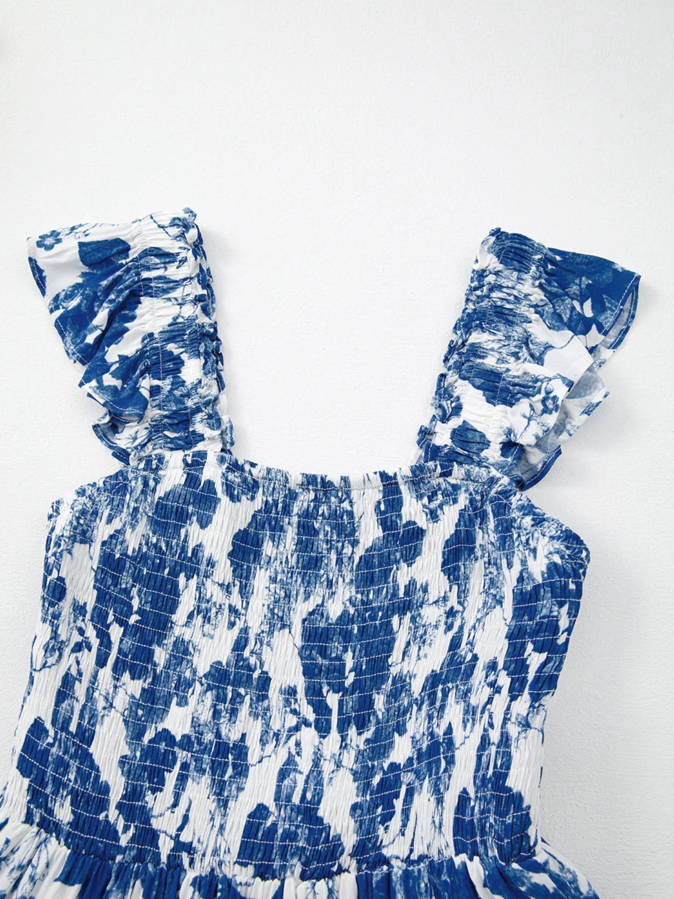 Floral Ruffle Strap Square Neck Smocked Bodice Midi Dress.