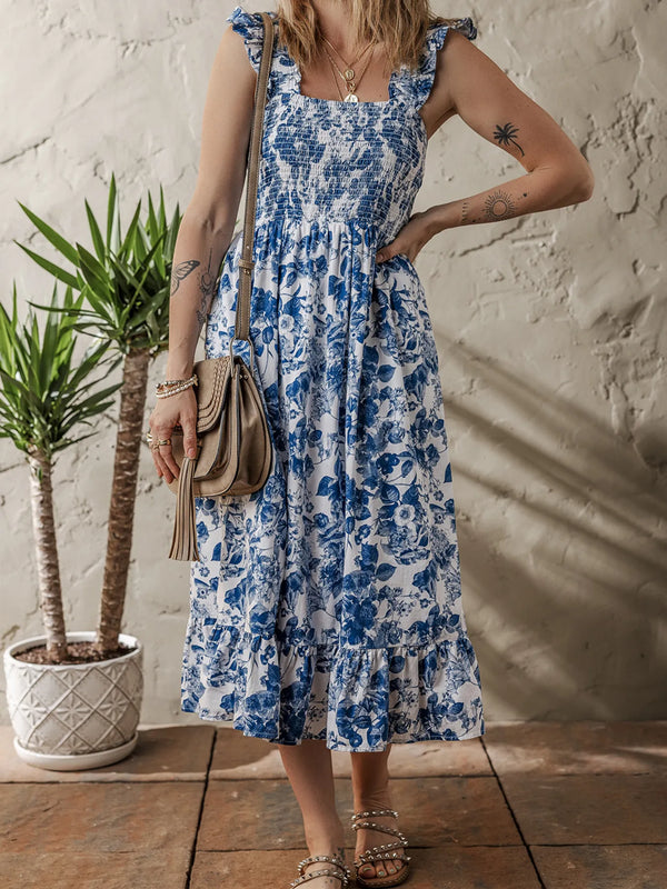 Floral Ruffle Strap Square Neck Smocked Bodice Midi Dress.