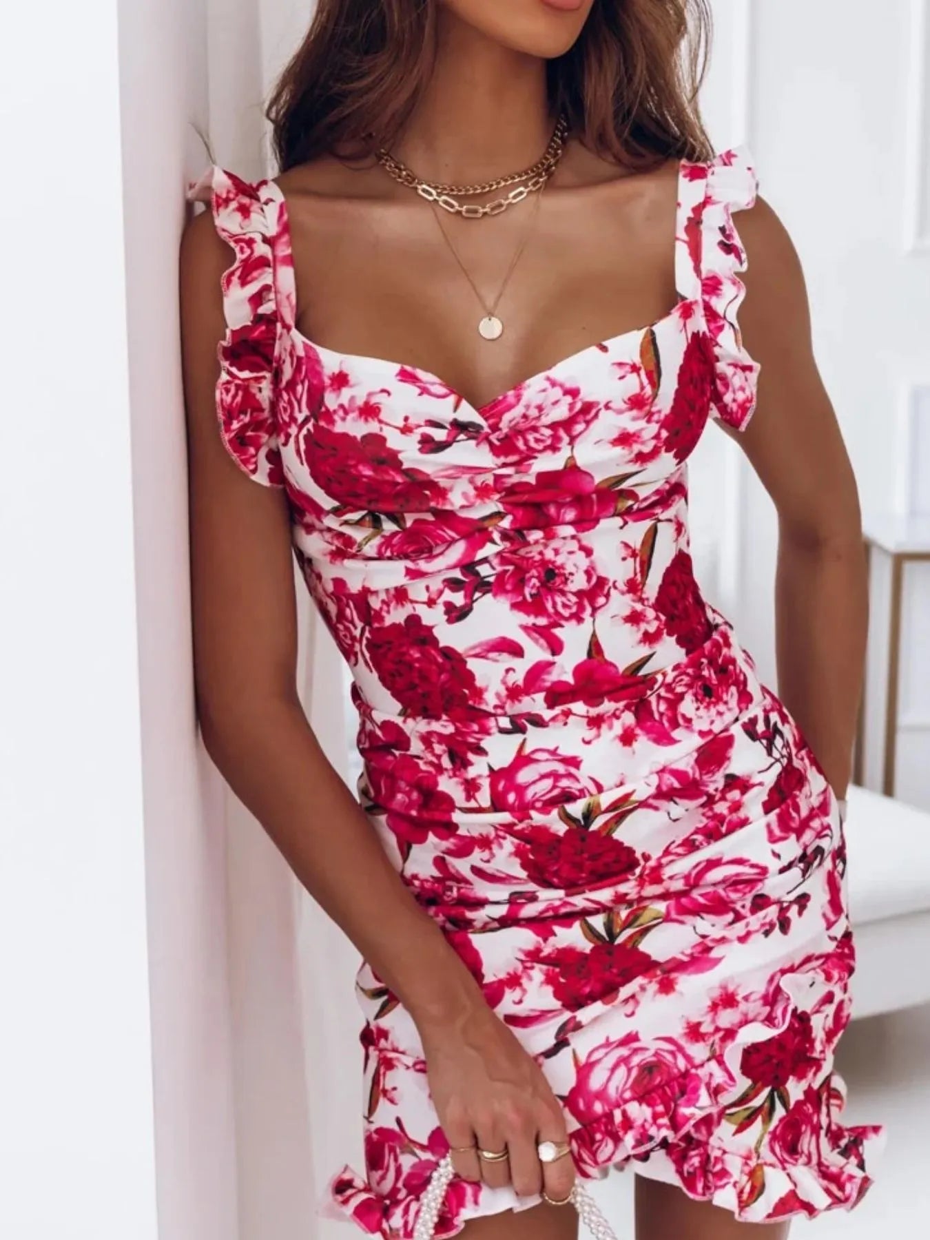 Floral Ruffle Strap Sweetheart Neck Mini Dress.