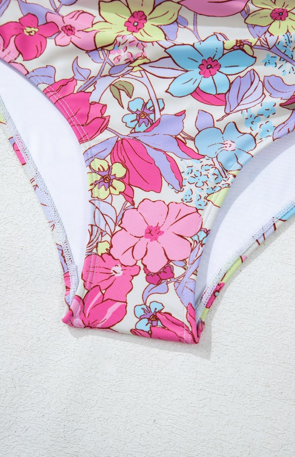 Floral Ruffle Trim Tummy Control One Piece Swimsuit with Tied Detail.