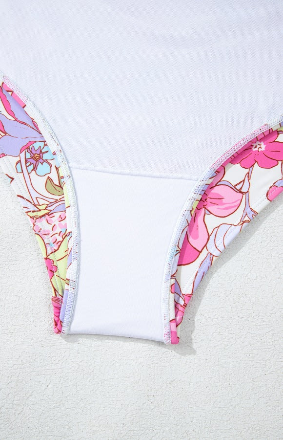 Floral Ruffle Trim Tummy Control One Piece Swimsuit with Tied Detail.