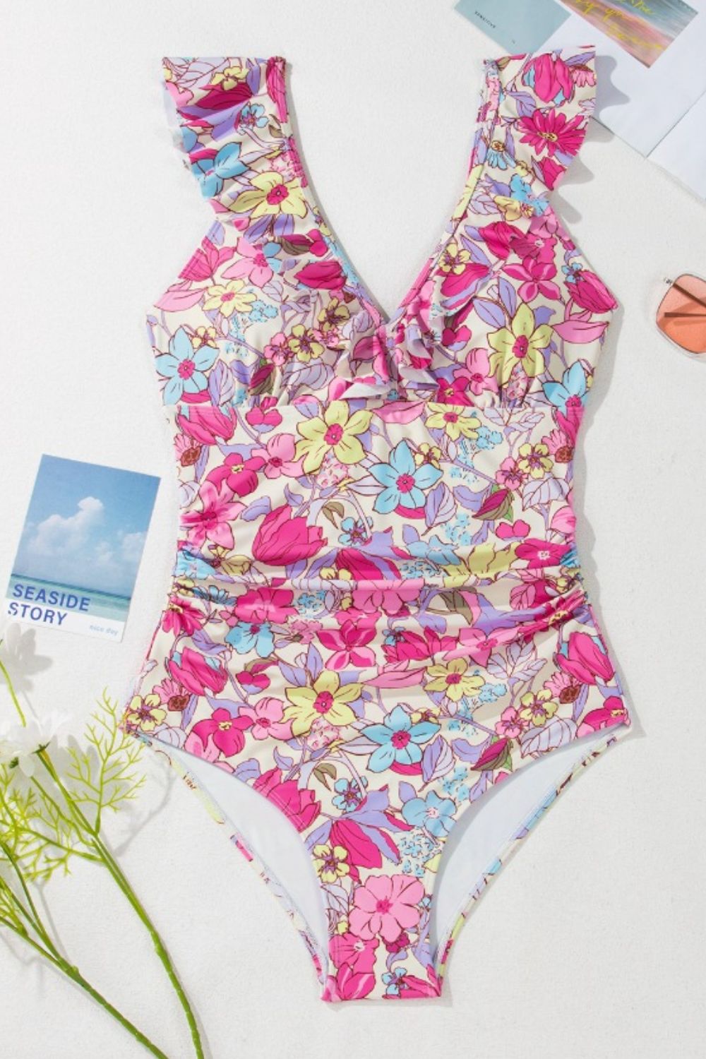 Floral Ruffle Trim Tummy Control One Piece Swimsuit with Tied Detail.