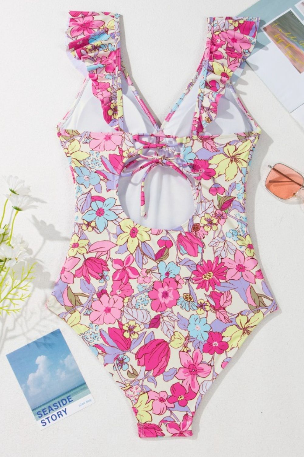 Floral Ruffle Trim Tummy Control One Piece Swimsuit with Tied Detail.