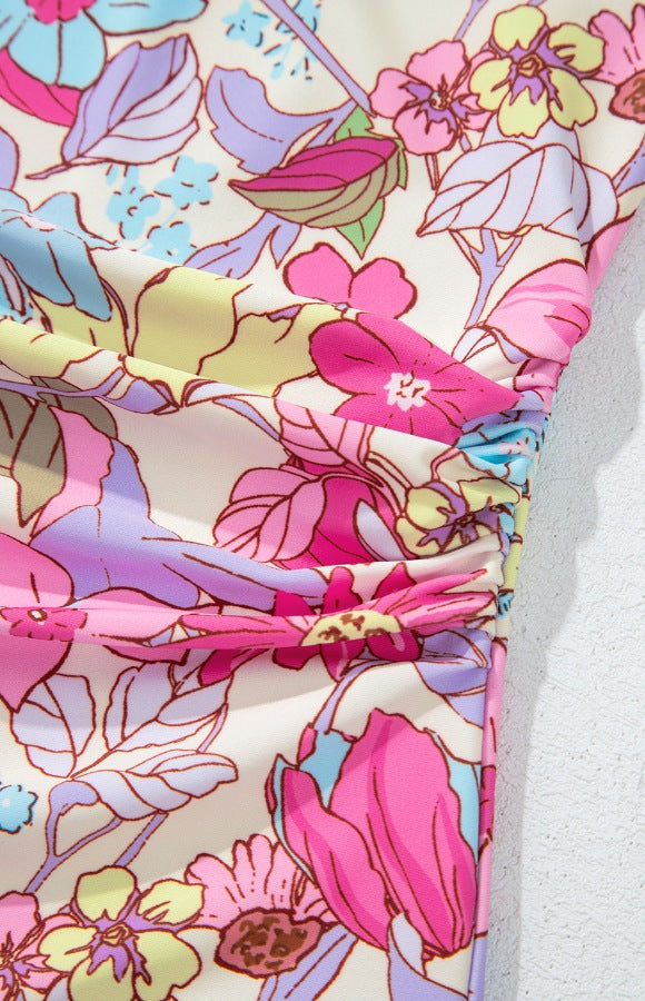 Floral Ruffle Trim Tummy Control One Piece Swimsuit with Tied Detail.
