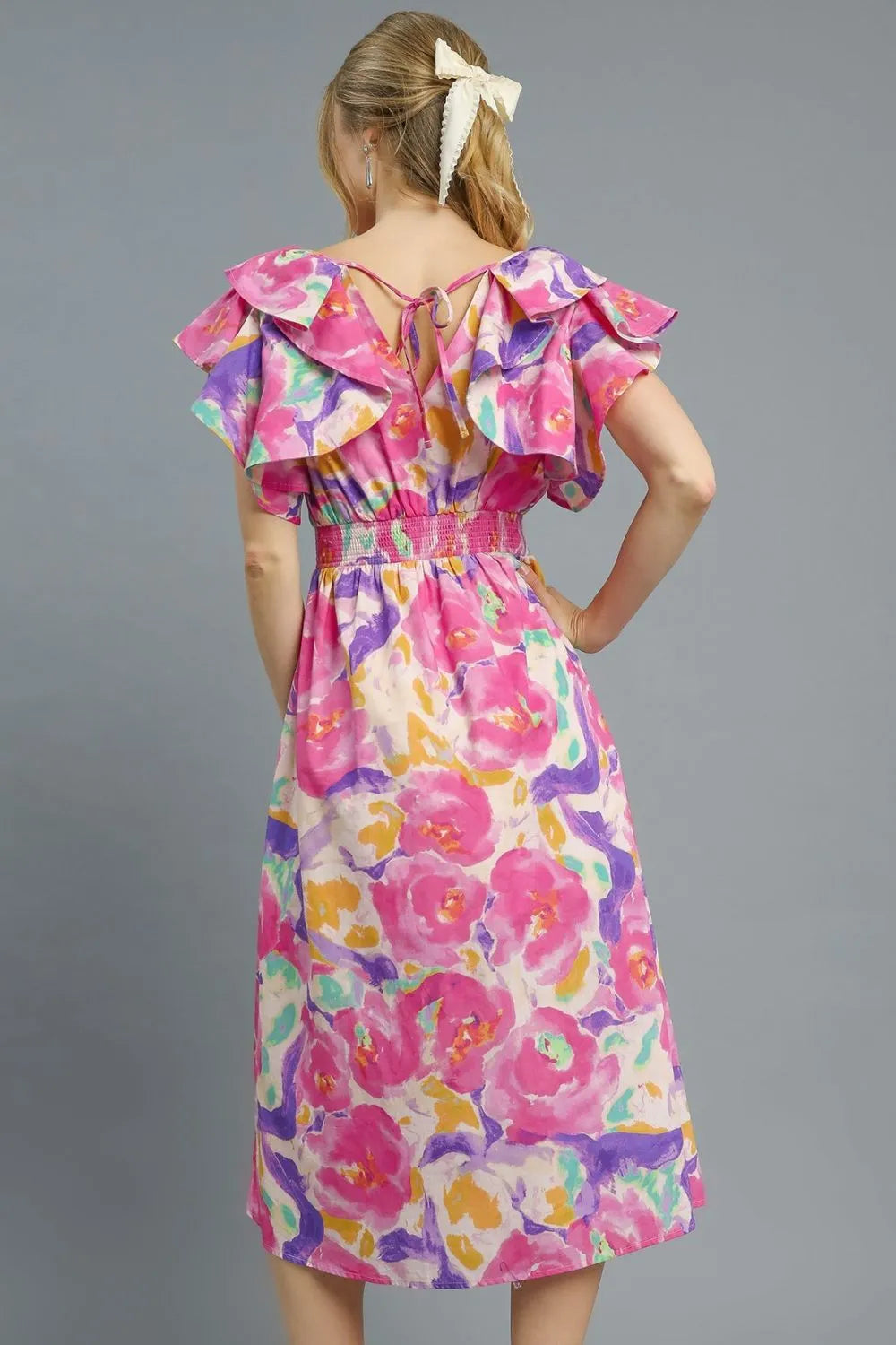 Umgee Floral Ruffled Cap Sleeve Midi Dress.