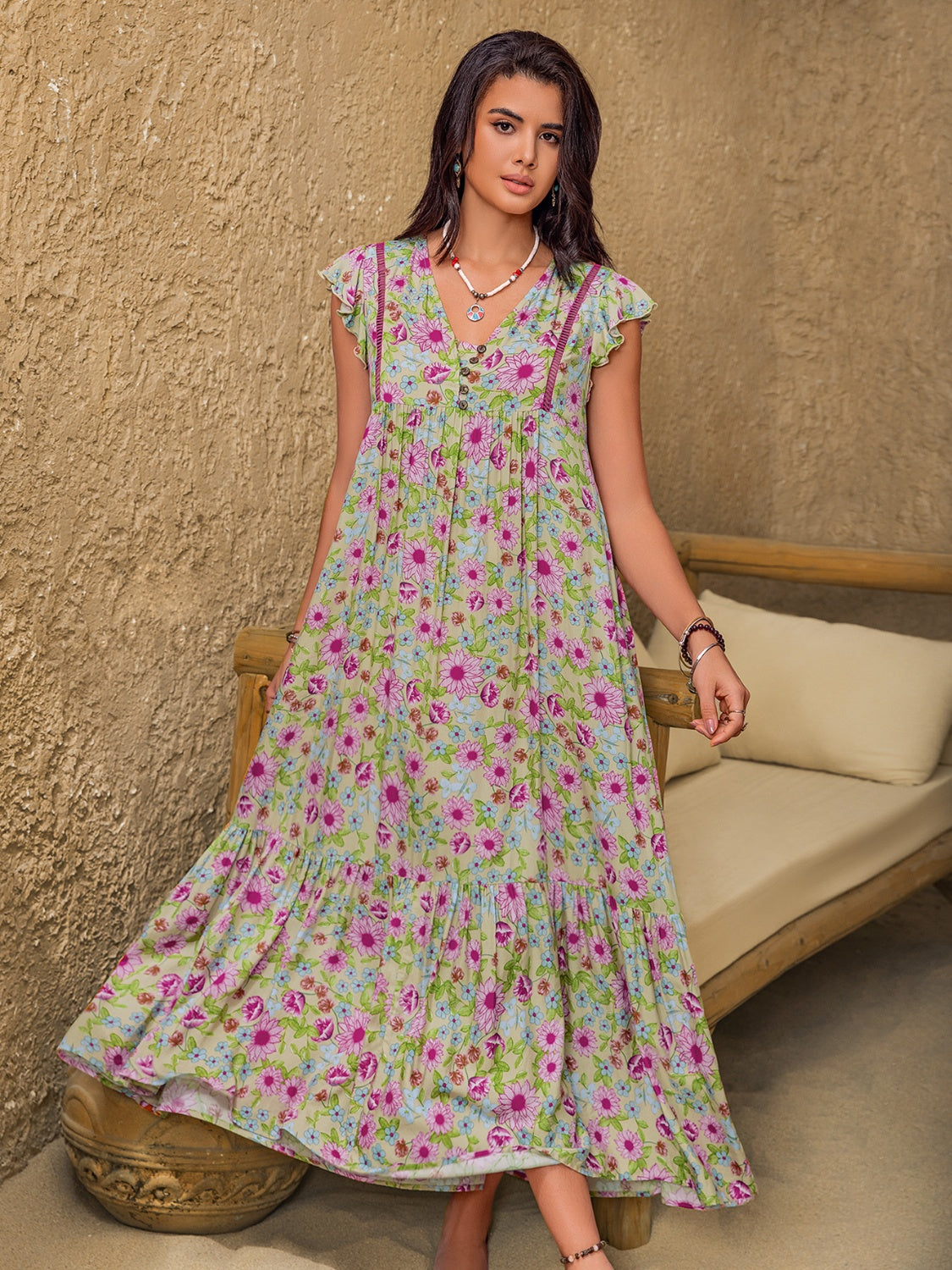 Floral Ruffled Cap Sleeve Tiered Dress.