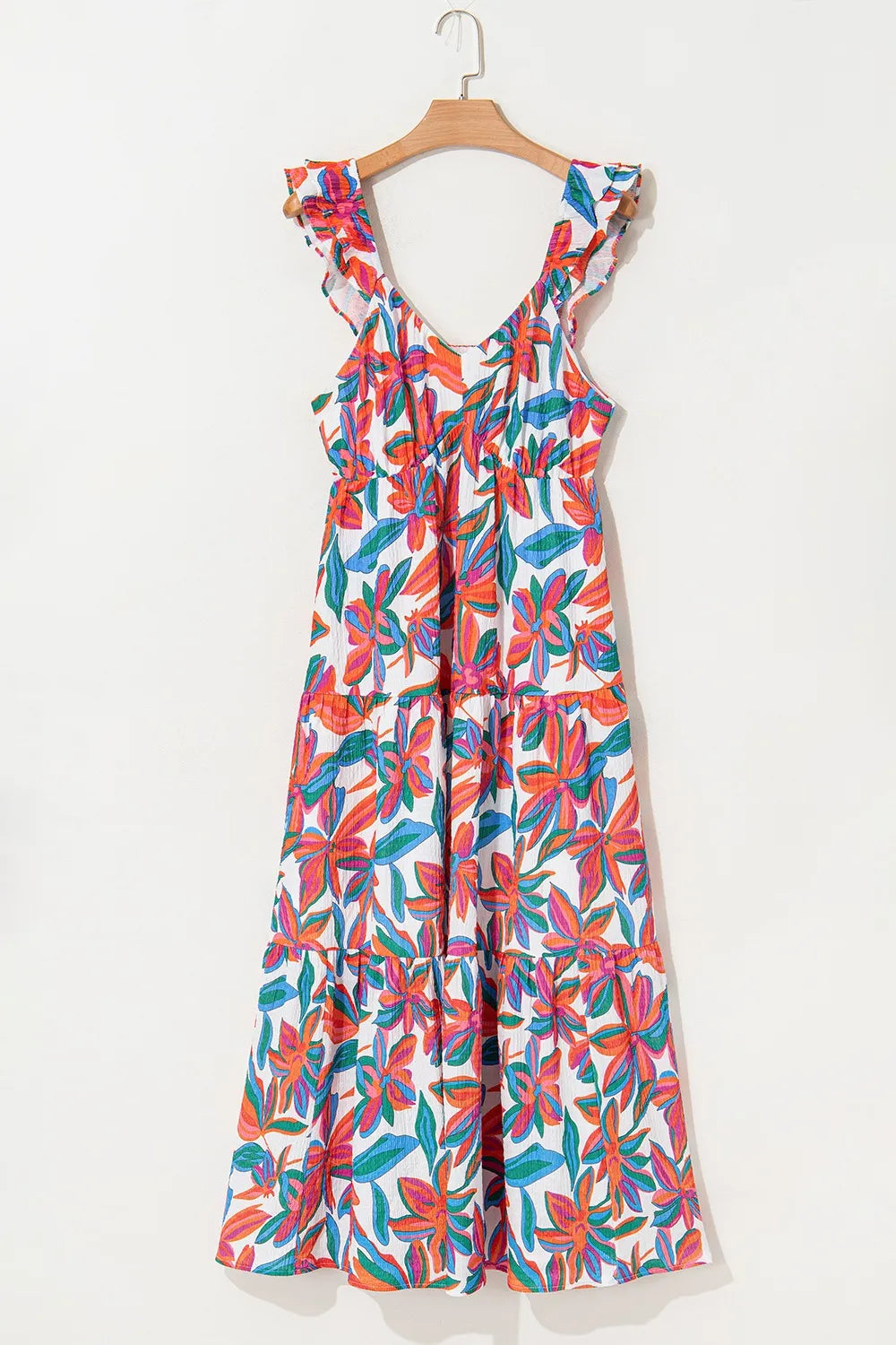 Floral Ruffled Strap V Neck Maxi Dress.
