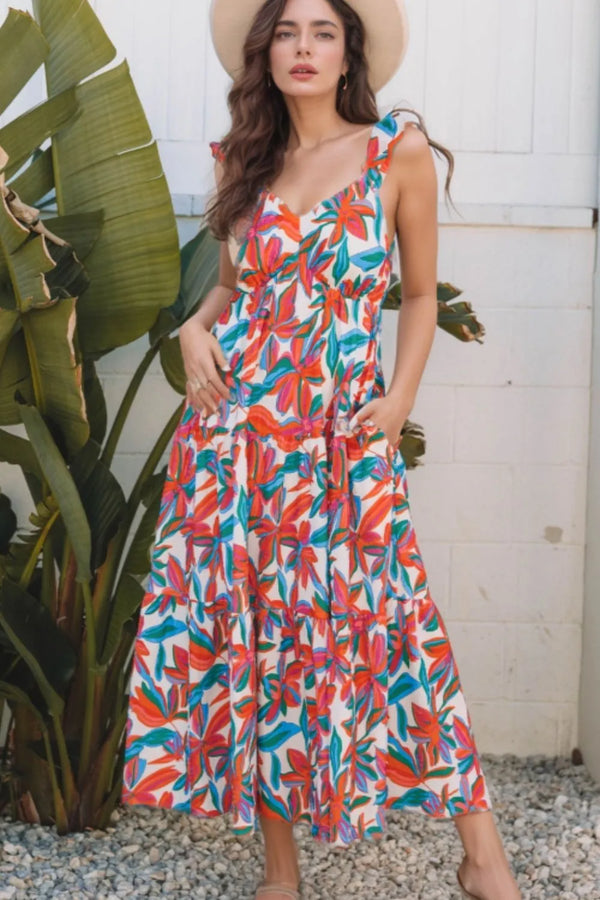 Floral Ruffled Strap V Neck Maxi Dress.