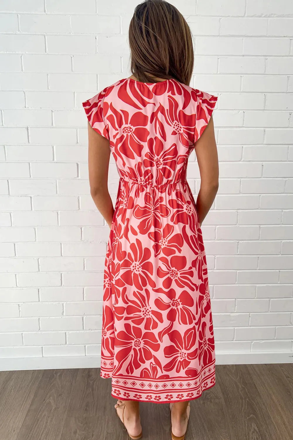 Floral Ruffled V-Neck Midi Dress with Button Front.