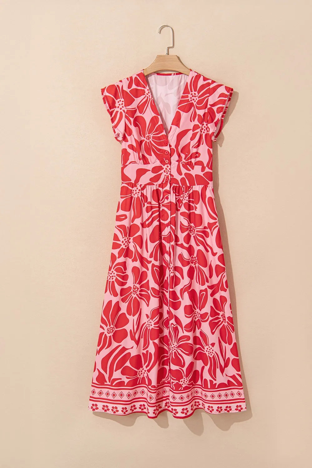 Floral Ruffled V-Neck Midi Dress with Button Front.