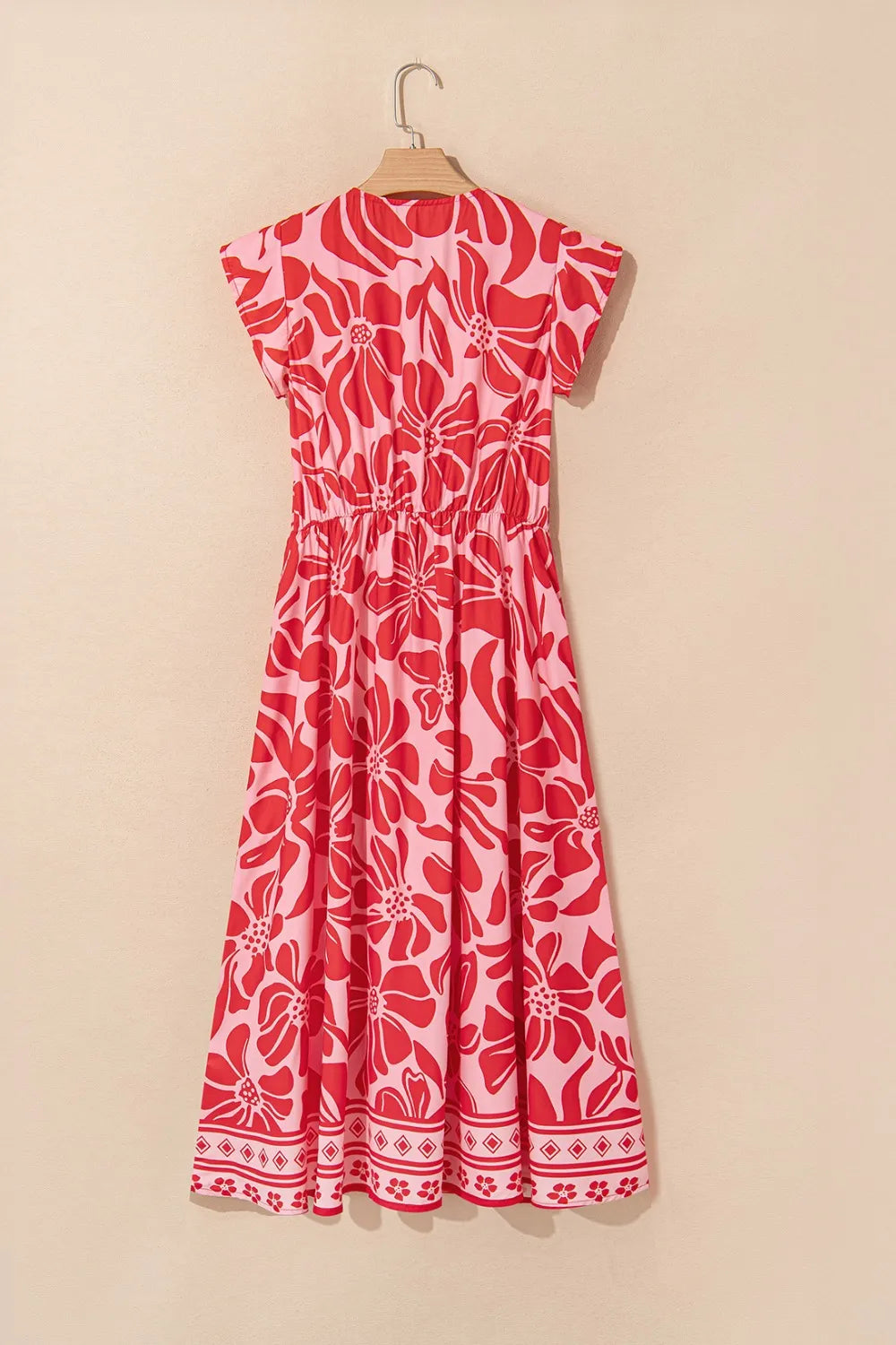 Floral Ruffled V-Neck Midi Dress with Button Front.