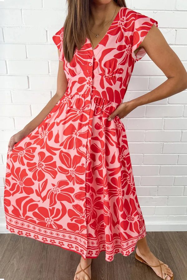 Floral Ruffled V-Neck Midi Dress with Button Front.