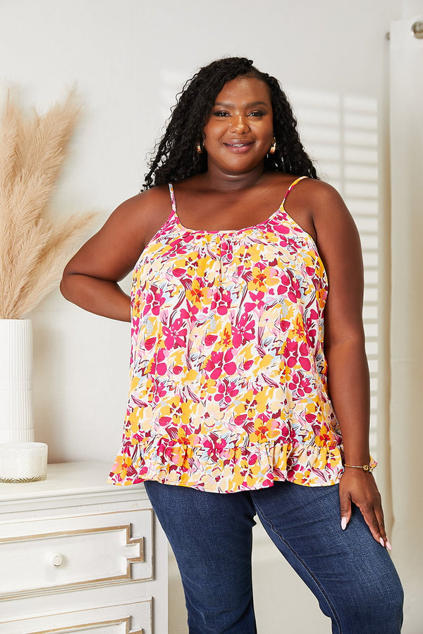 Floral scoop neck ruffle hem cami, opaque.