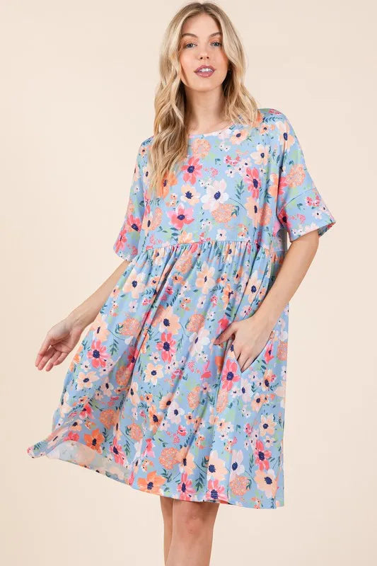 Bombom Floral Shirred Dress with Pockets.