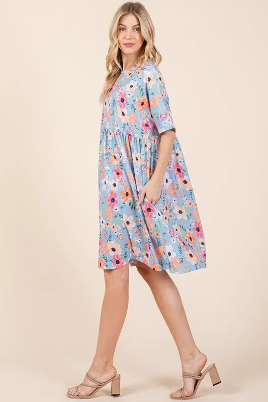 Bombom Floral Shirred Dress with Pockets.