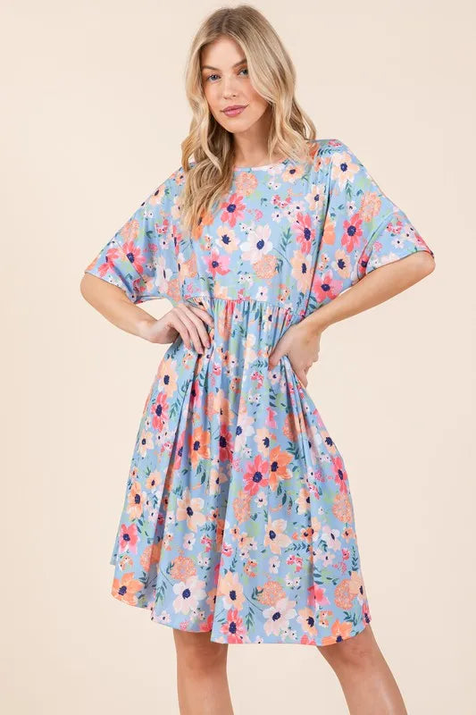 Bombom Floral Shirred Dress with Pockets.