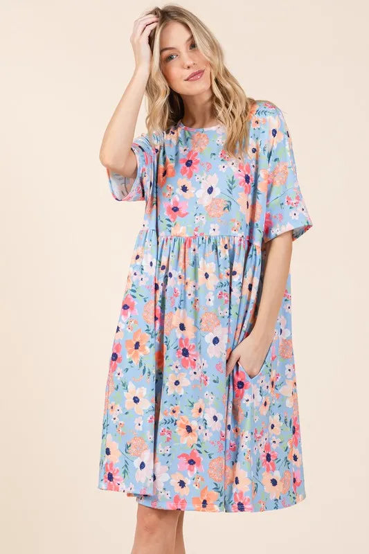 Bombom Floral Shirred Dress with Pockets.