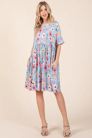 Bombom Floral Shirred Dress with Pockets.