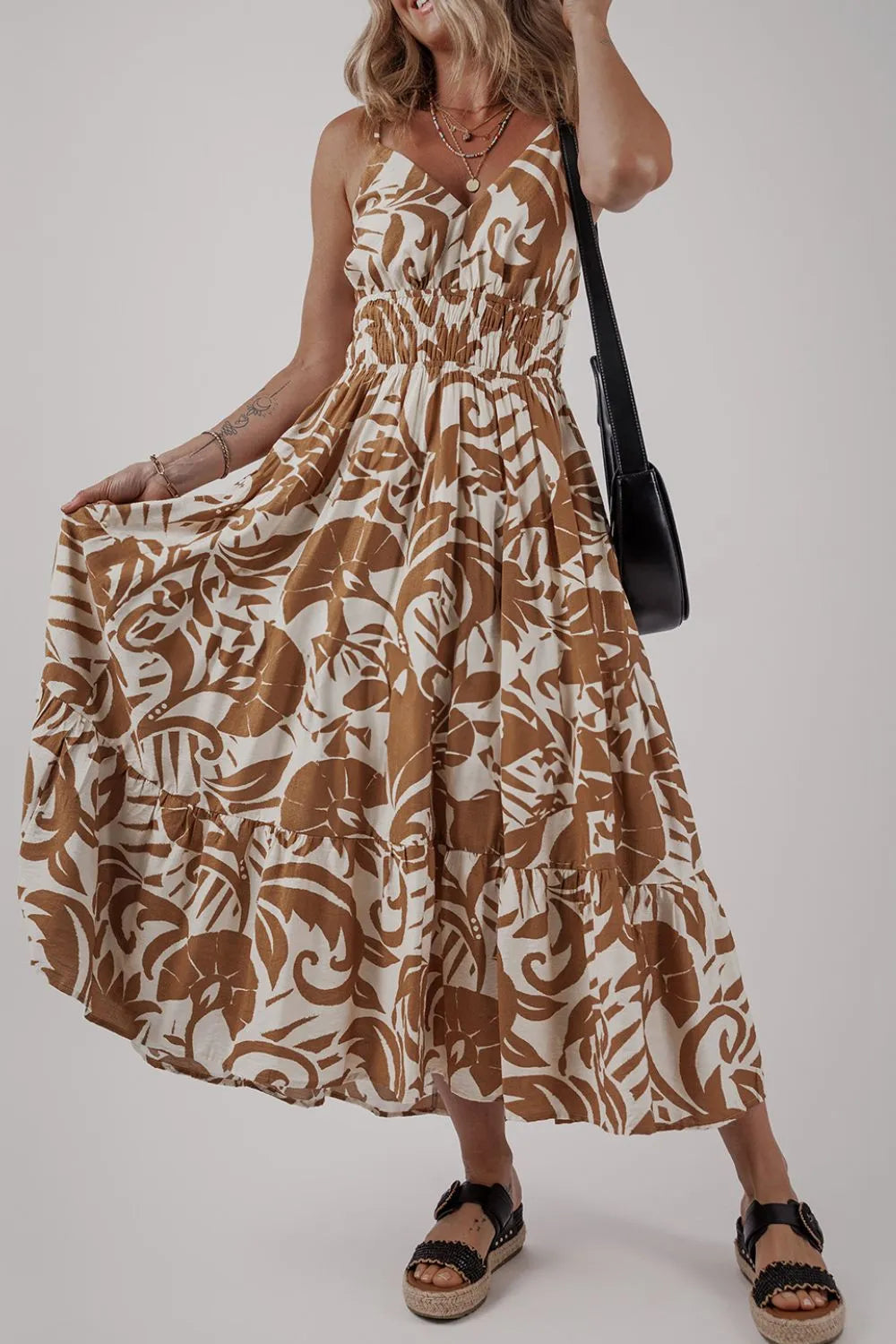 Floral Shirred High Waist Spaghetti Straps Dress.