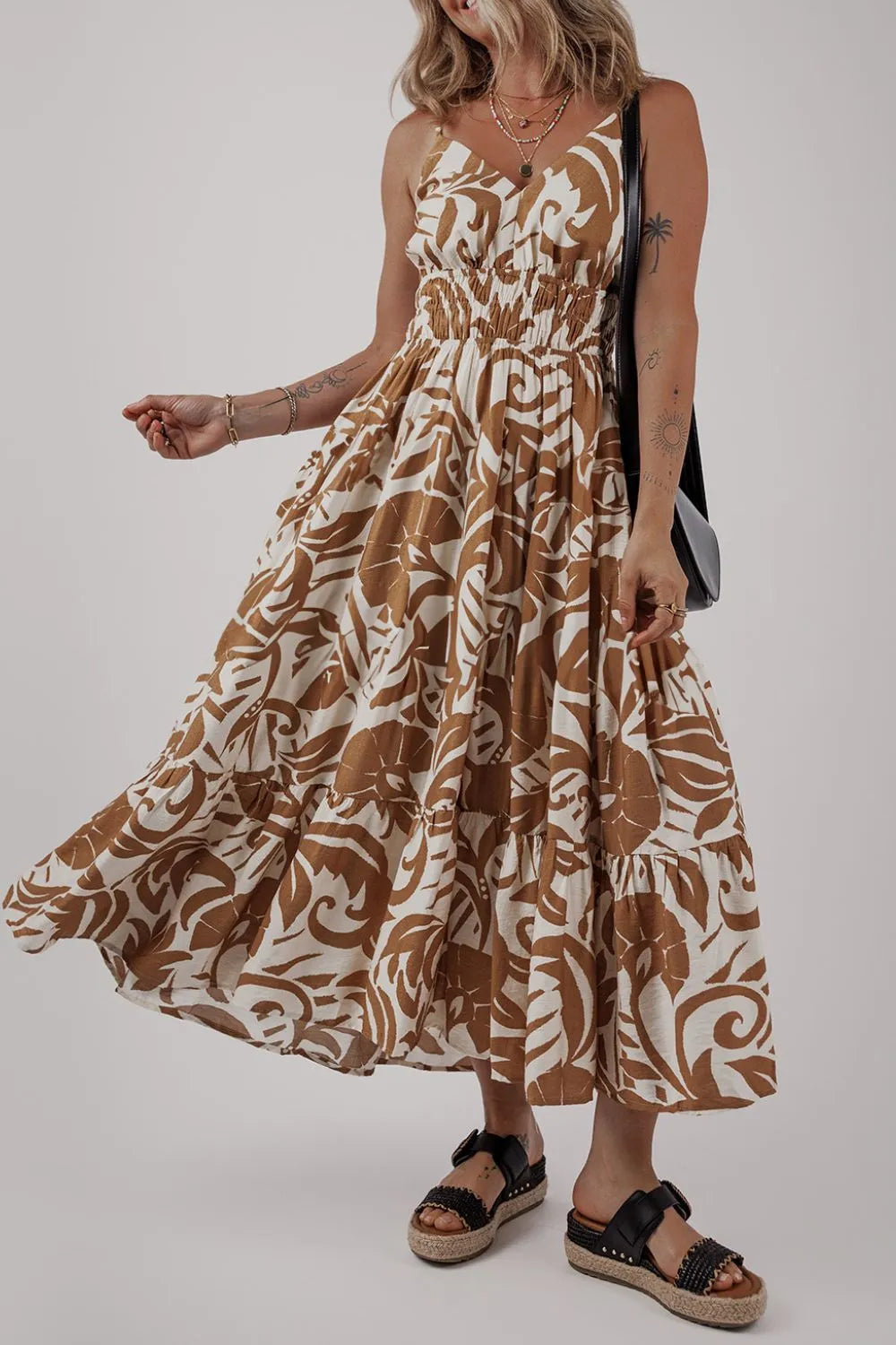 Floral Shirred High Waist Spaghetti Straps Dress.