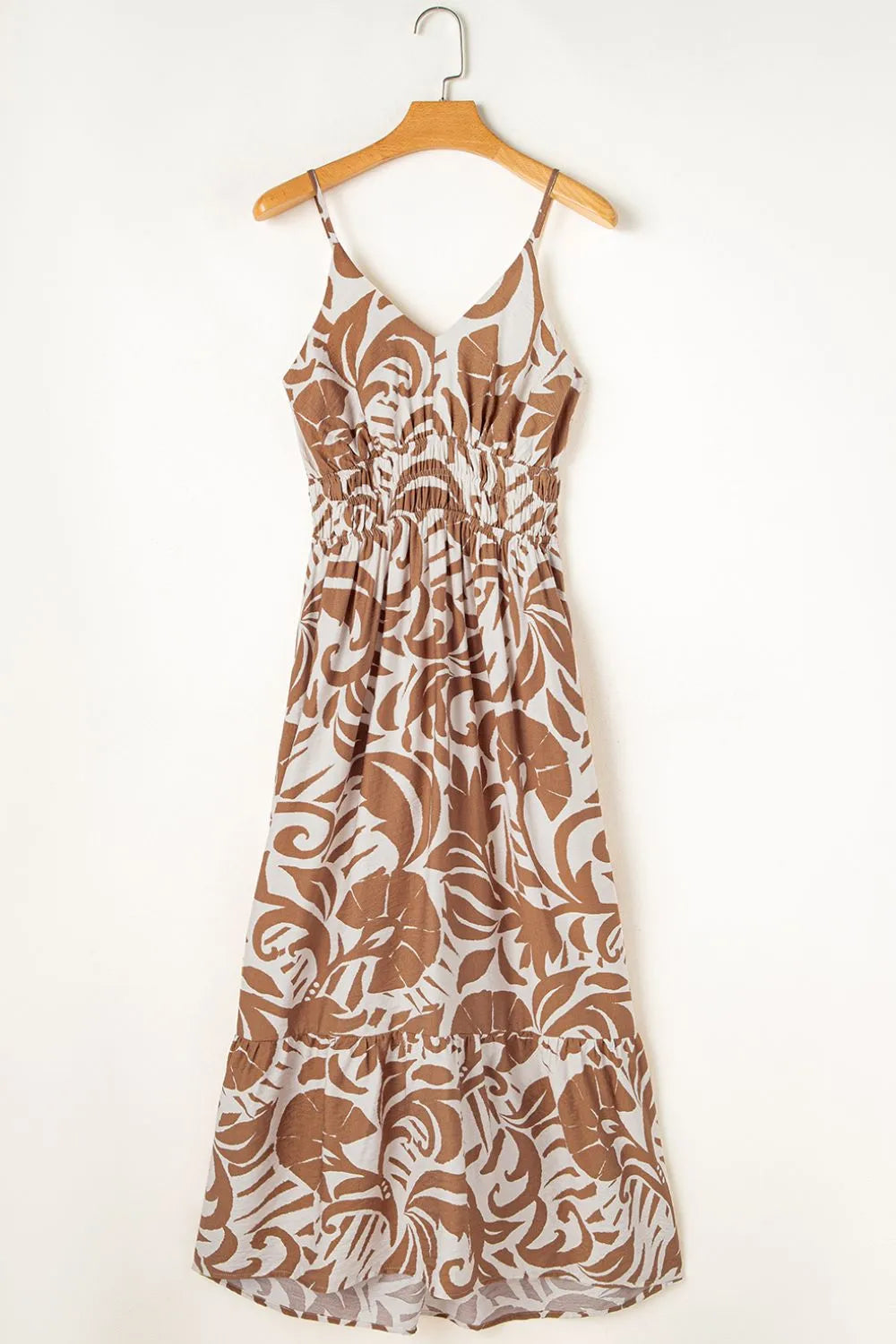 Floral Shirred High Waist Spaghetti Straps Dress.