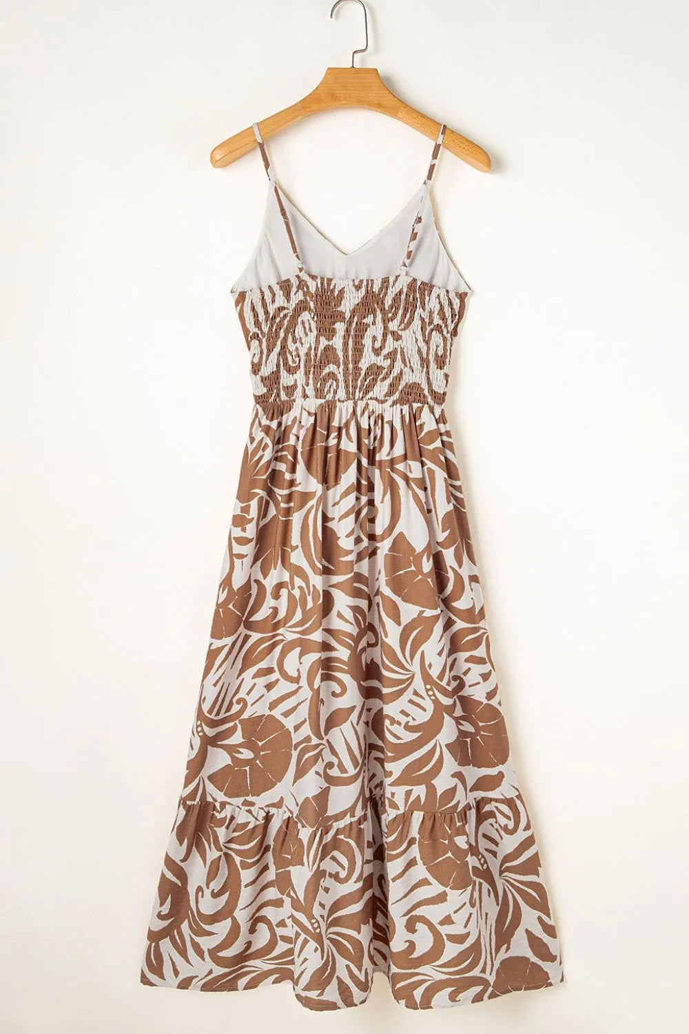 Floral Shirred High Waist Spaghetti Straps Dress.
