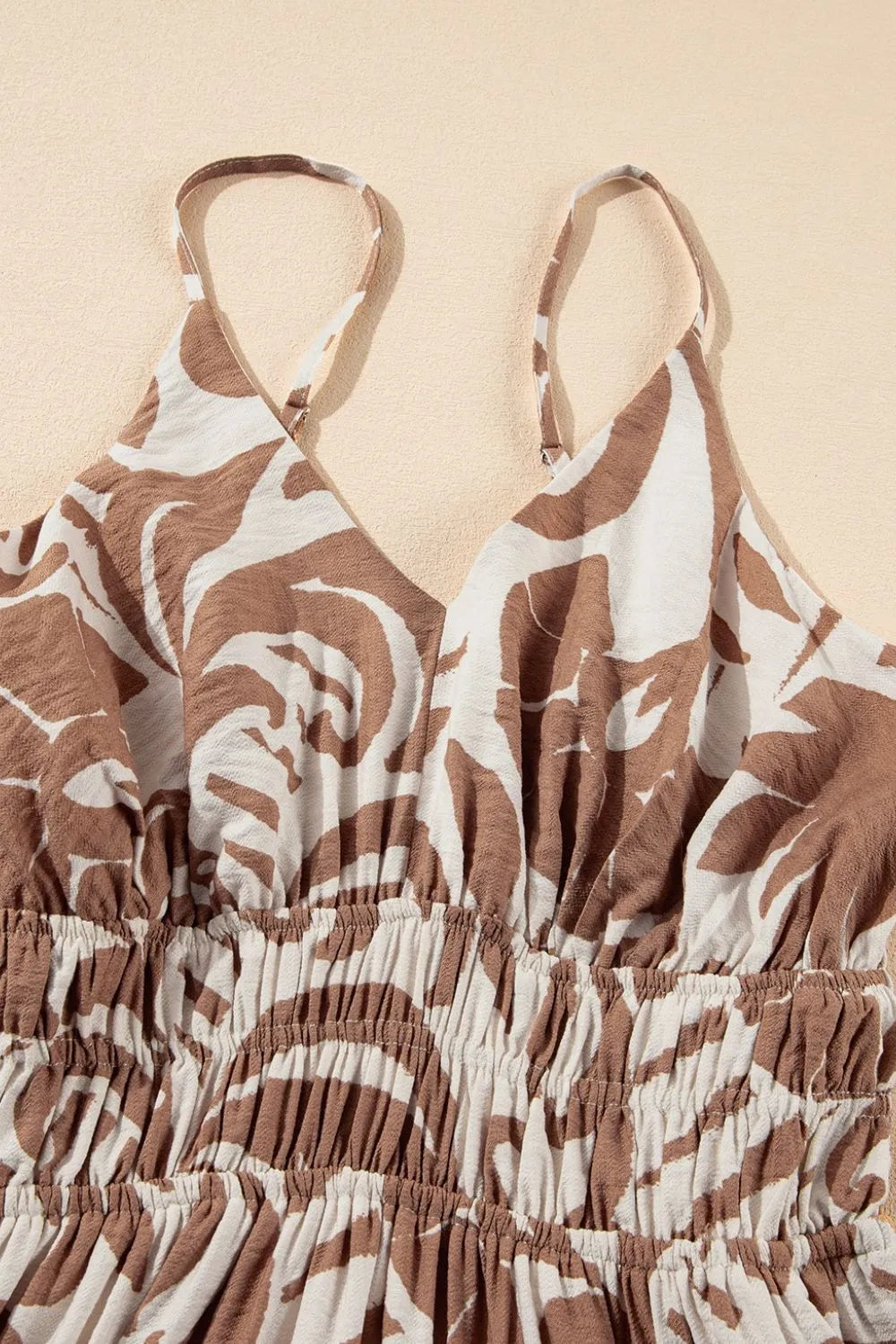 Floral Shirred High Waist Spaghetti Straps Dress.