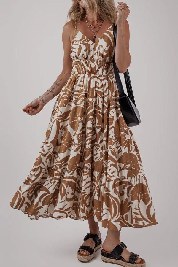 Floral Shirred High Waist Spaghetti Straps Dress.