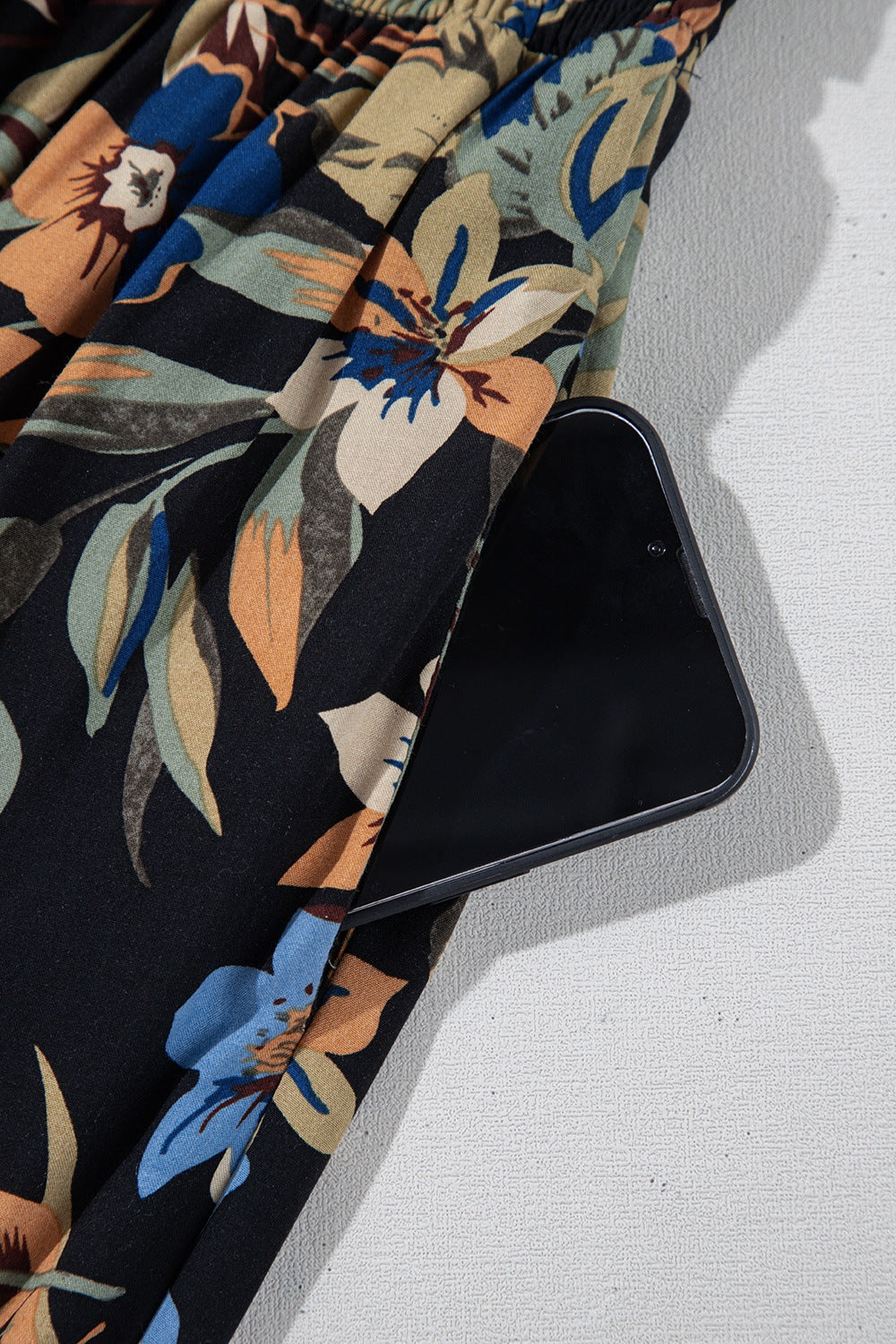 Floral shirred high waist wide leg pants with tie, opaque.