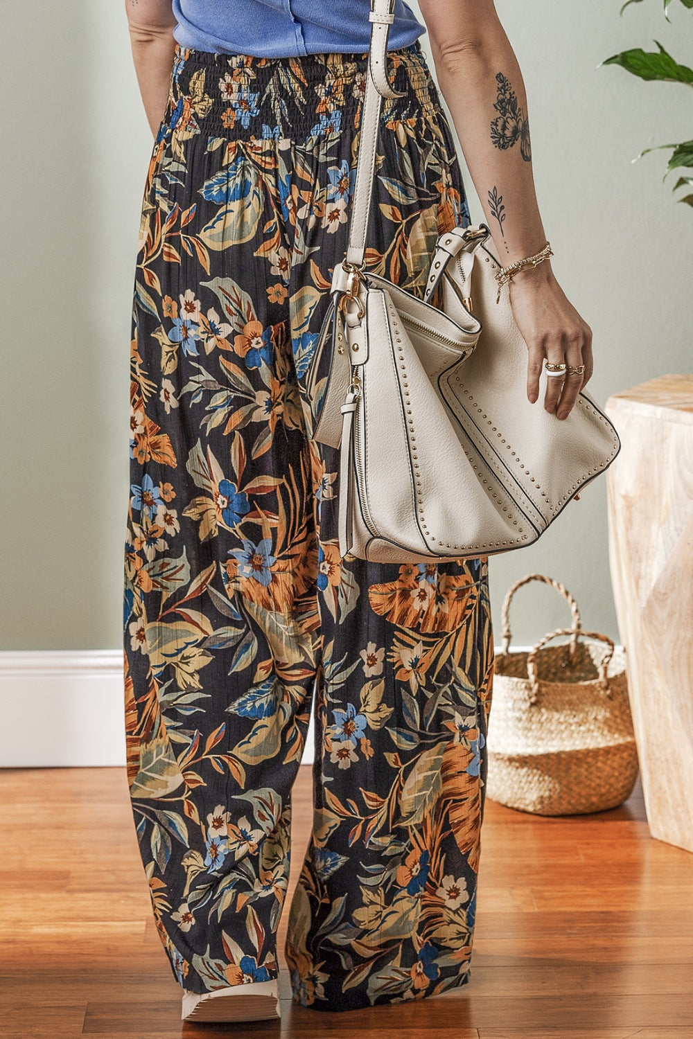 Floral shirred high waist wide leg pants with tie, opaque.